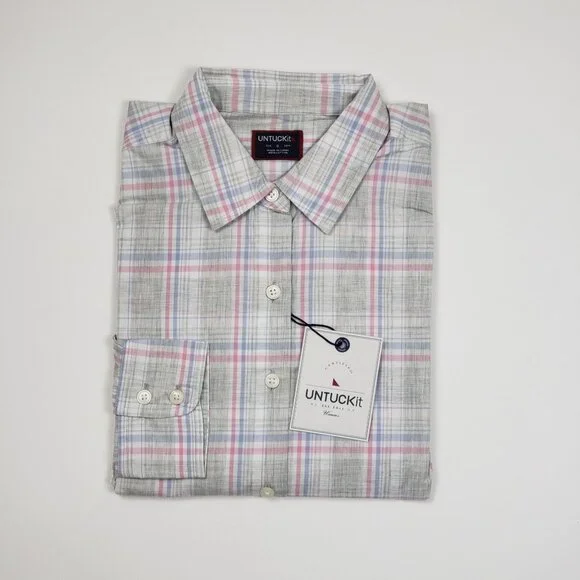 UNTUCKit Chasseles Cotton LS Shirt Lt Blue Green Pink Plaid Womens 0 Regular Fit - Picture 4 of 16